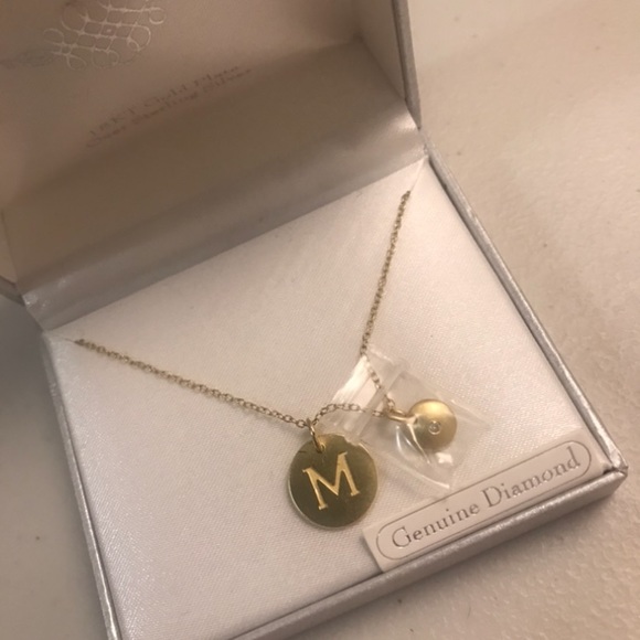M initial and genuine Diamond charm 18k gold over .925 silver necklace (New) - Picture 2 of 5
